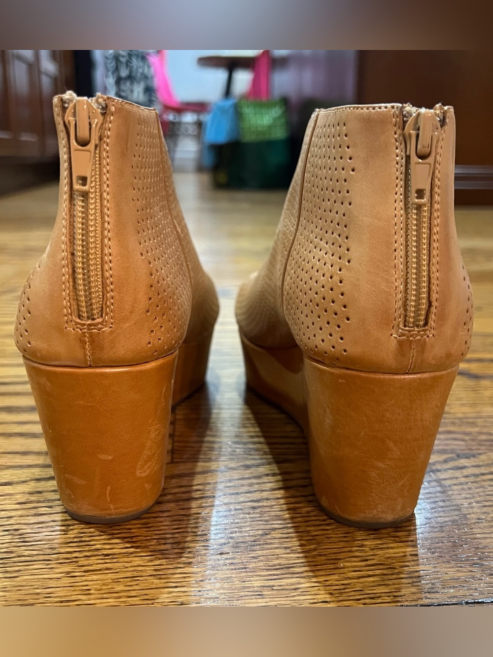 Chocolat Blu Walee Leather Peep Toe Platform Bootie Sz 7.5 Camel Wedge Boho - Picture 3 of 13